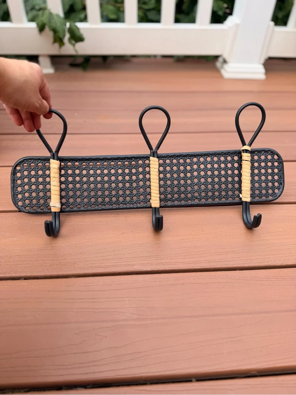 Woven Metal Wall Hook Rack with Tan Accent - Black